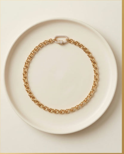 Carabiner Necklace Luxurious Multilink Chain Choker featuring Textured Design and CZ Pave Carabiner Clasp
