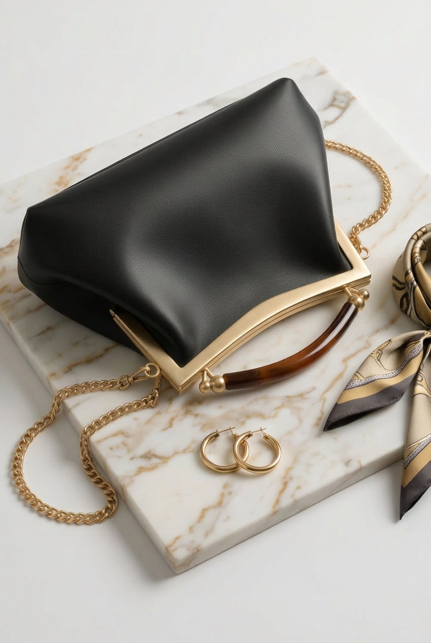 Dark Brown Leather Handbag with Ball Clasp Closure and removable Chain Strap -  Vintage Glam Handbag