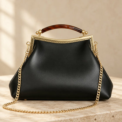Dark Brown Leather Handbag with Ball Clasp Closure and removable Chain Strap -  Vintage Glam Handbag