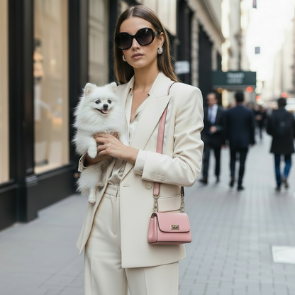 Woman in a beige suit holding a small white dog on a city street, wearing sunglasses and carrying a small pink shoulder bag.