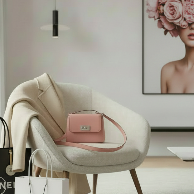Pink handbag on a chair with a blurred background featuring a framed artwork.