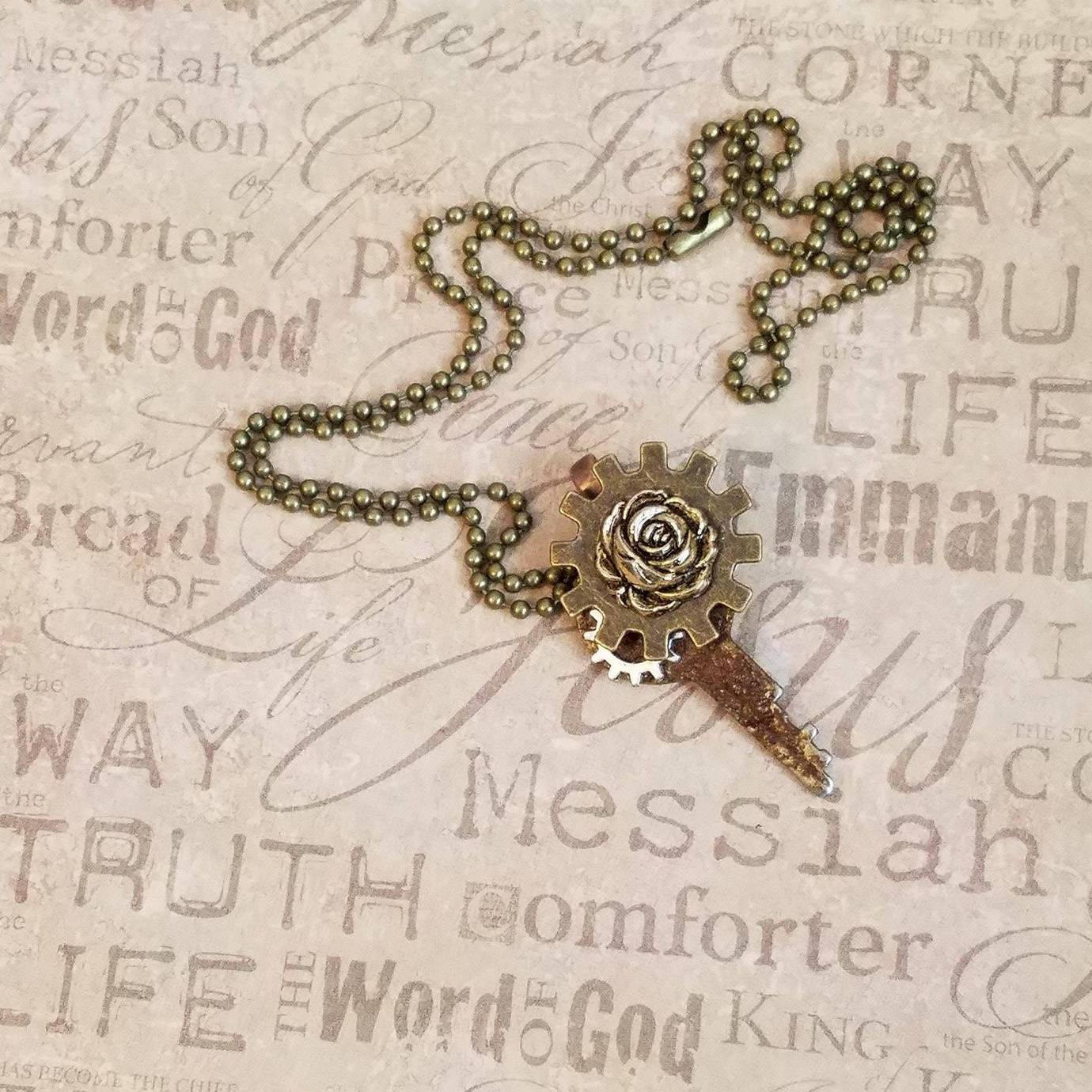 Repurposed Key Necklace OOAK Steampunk jewelry vintage key steampunk assemblage necklace altered art key gears flower keys to the kingdom