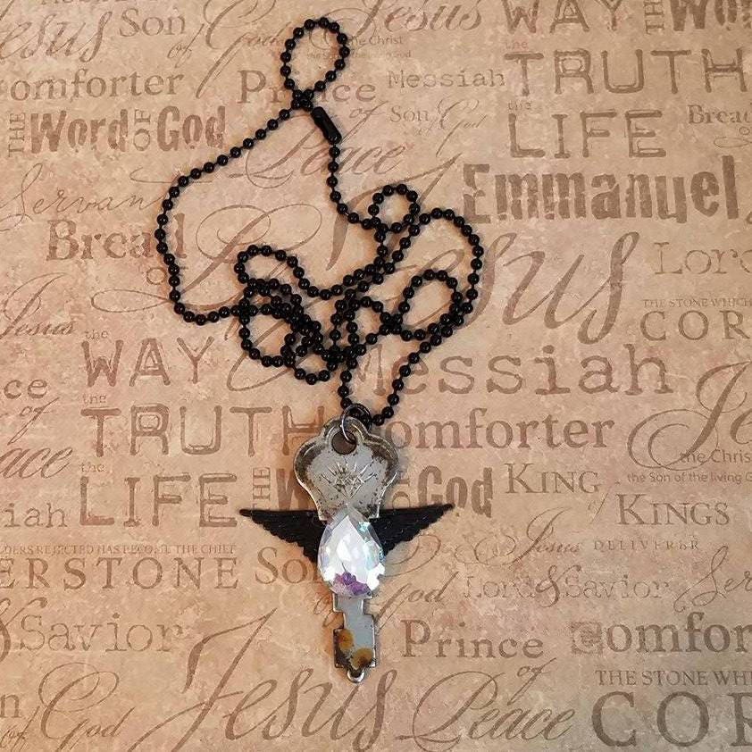 Repurposed Key Necklace OOAK Steampunk jewelry vintage key steampunk assemblage necklace altered art key wings rhinestone key to the kingdom