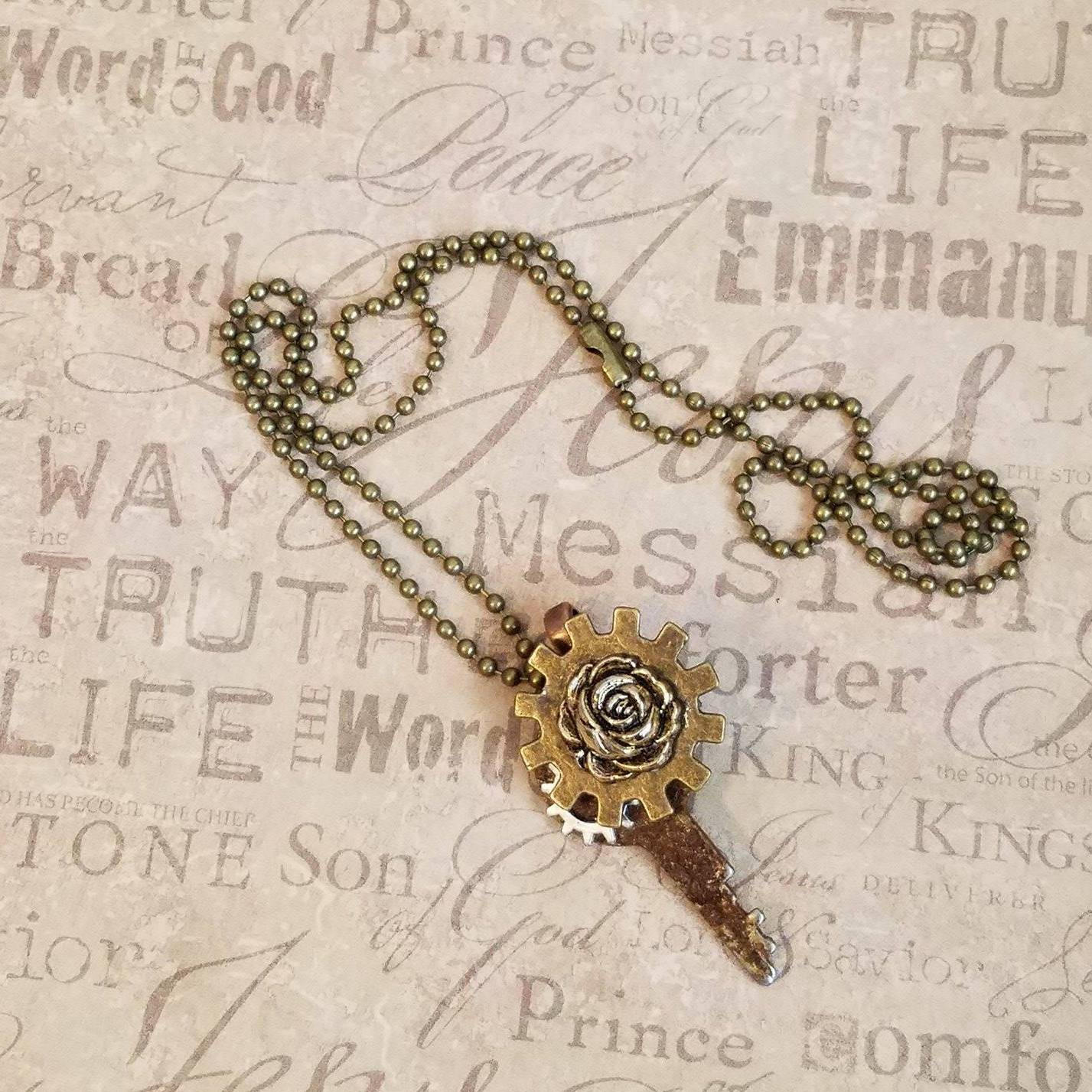 Repurposed Key Necklace OOAK Steampunk jewelry vintage key steampunk assemblage necklace altered art key gears flower keys to the kingdom