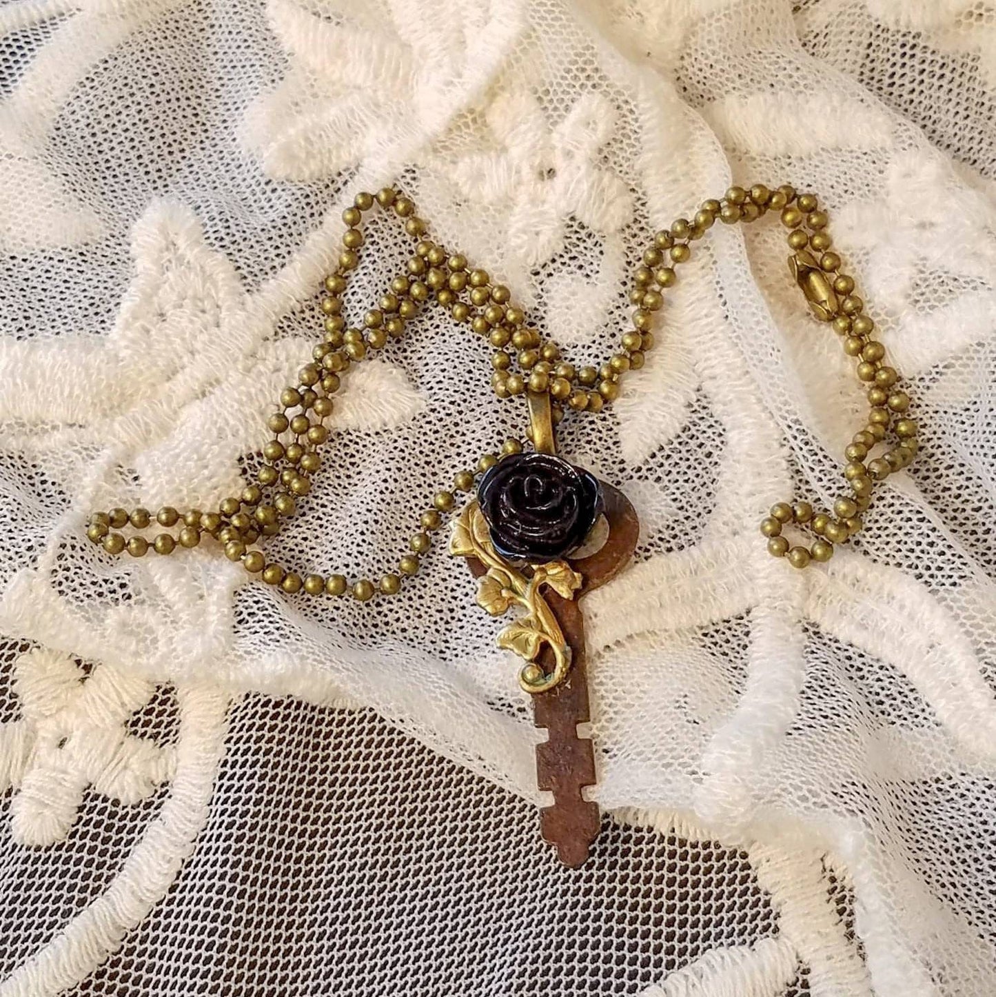 Repurposed Key Necklace OOAK Steampunk assemblage key vintage glam black rose gold flower filigree Keys To The Kingdom charitable donation