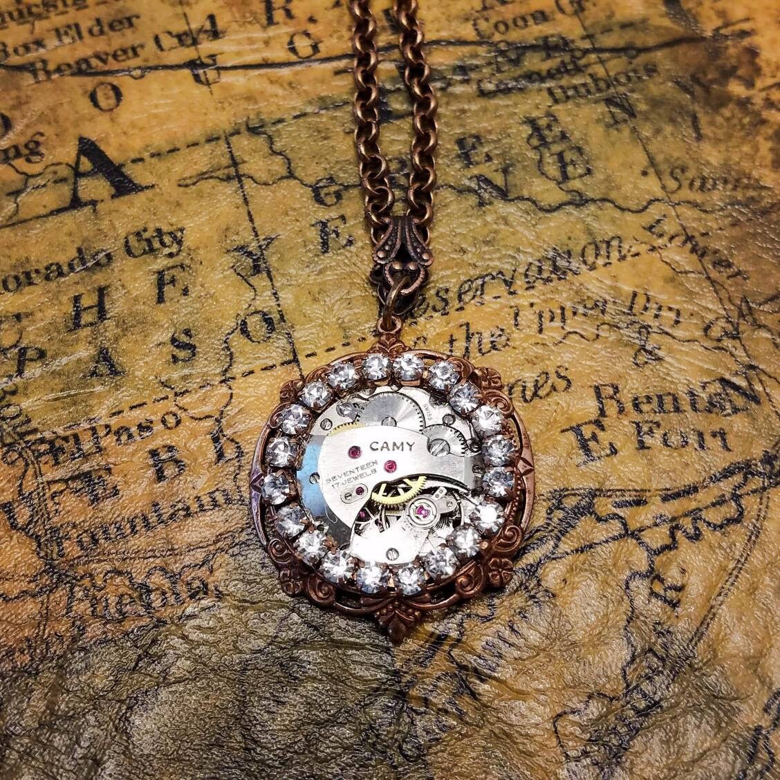 Steampunk necklace premium gearbox pendant rhinestone embellished clock necklace Victorian reproduction jewelry Luxe Hardware altered art