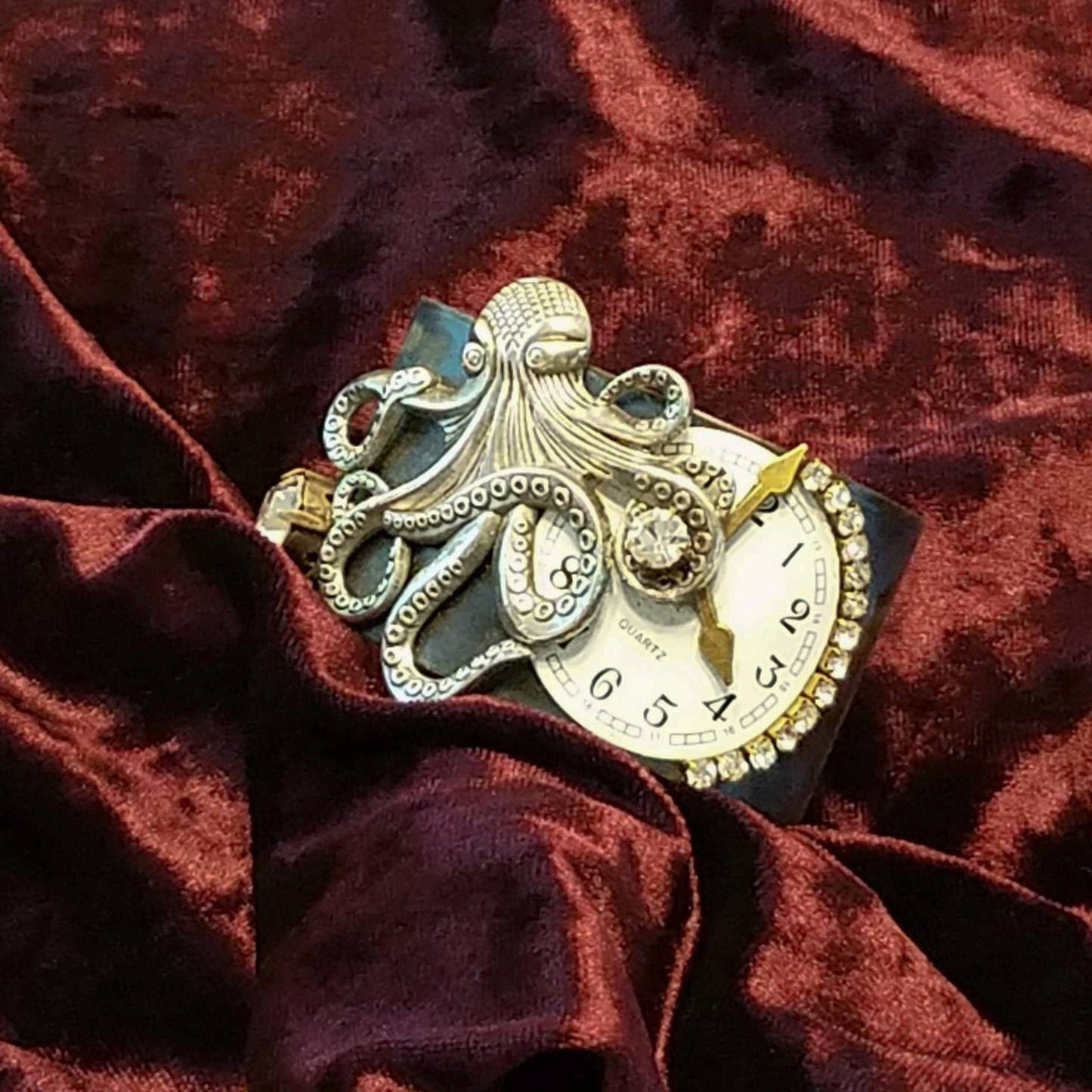 Handmade Steampunk Kraken, Octopus Cuff Bracelet, vintage glam, romantic jewelry, clock face, rhinestones, artisan jewelry