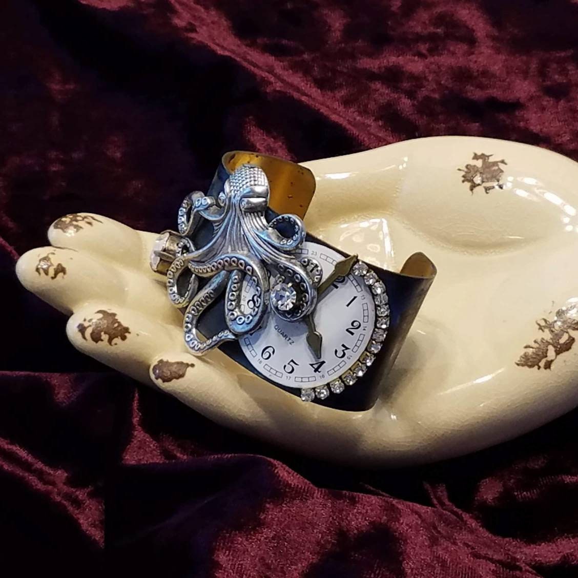 Handmade Steampunk Kraken, Octopus Cuff Bracelet, vintage glam, romantic jewelry, clock face, rhinestones, artisan jewelry