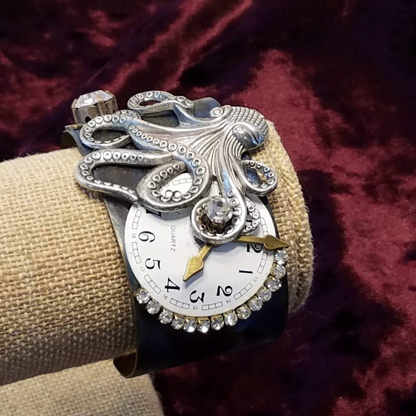 Handmade Steampunk Kraken, Octopus Cuff Bracelet, vintage glam, romantic jewelry, clock face, rhinestones, artisan jewelry