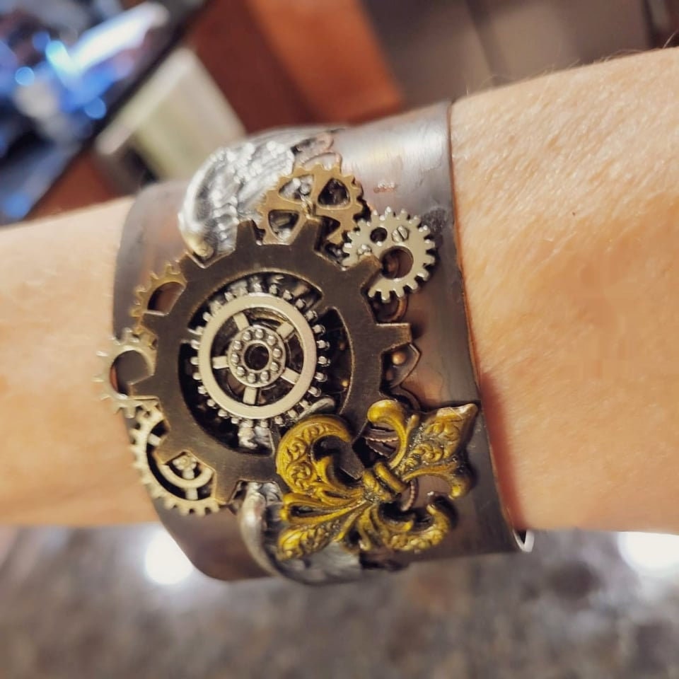 Steampunk Assemblage Cuff Bracelet vintage glam Handmade Brass Artisan Jewelry Luxe Hardware gears Wings fleur de leigh one of a kind OOAK