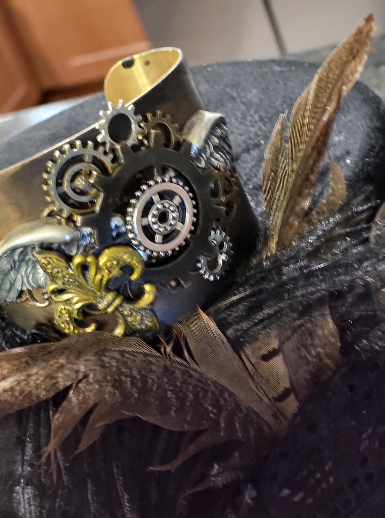 Steampunk Assemblage Cuff Bracelet vintage glam Handmade Brass Artisan Jewelry Luxe Hardware gears Wings fleur de leigh one of a kind OOAK