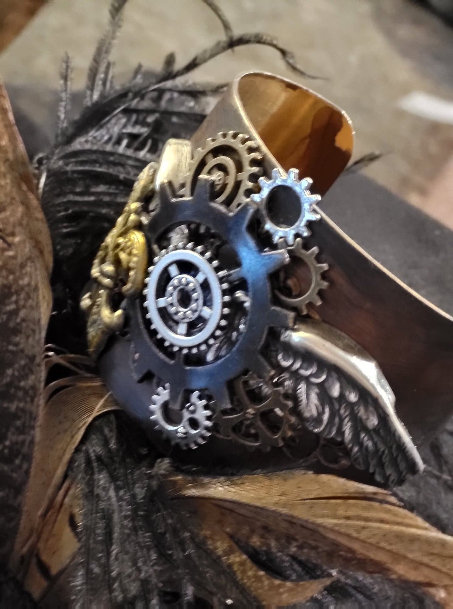 Steampunk Assemblage Cuff Bracelet vintage glam Handmade Brass Artisan Jewelry Luxe Hardware gears Wings fleur de leigh one of a kind OOAK