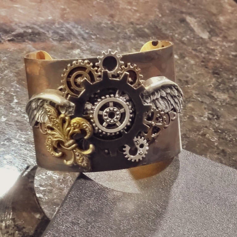 Steampunk Assemblage Cuff Bracelet vintage glam Handmade Brass Artisan Jewelry Luxe Hardware gears Wings fleur de leigh one of a kind OOAK