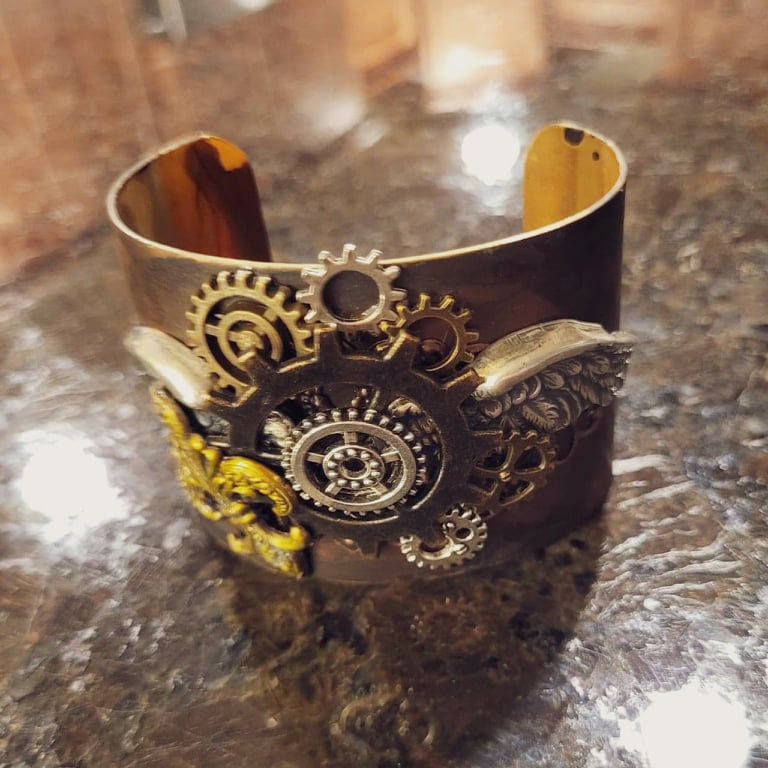 Steampunk Assemblage Cuff Bracelet vintage glam Handmade Brass Artisan Jewelry Luxe Hardware gears Wings fleur de leigh one of a kind OOAK