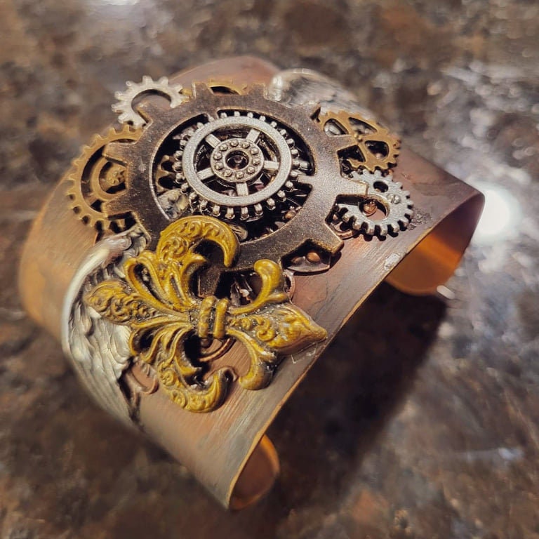 Steampunk Assemblage Cuff Bracelet vintage glam Handmade Brass Artisan Jewelry Luxe Hardware gears Wings fleur de leigh one of a kind OOAK