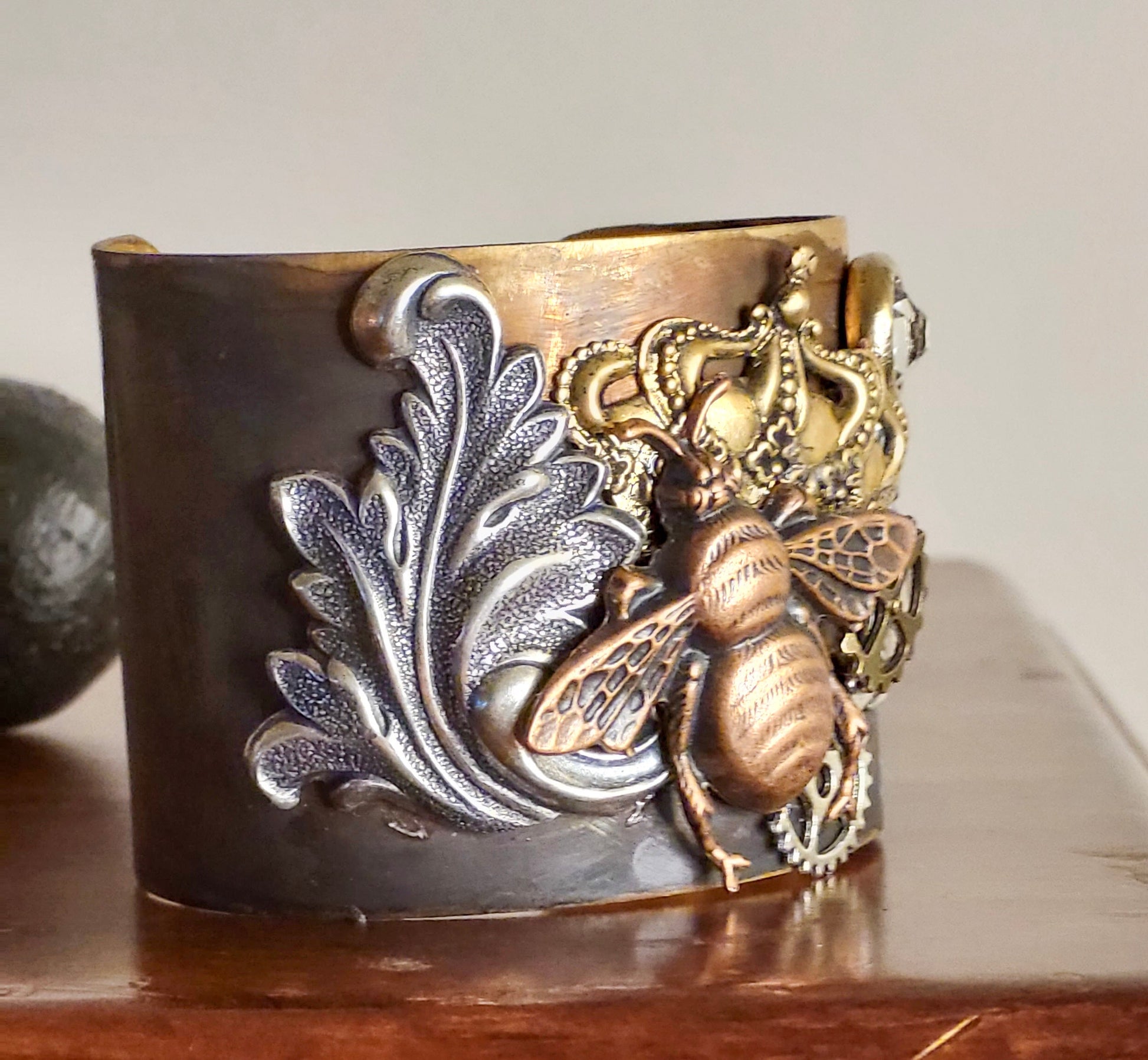 Queen Bee Assemblage Filigree Cuff Bracelet vintage glam Handmade Brass Artisan Jewelry Luxe Hardware one of a kind OOAK statement cuff