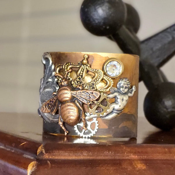 Queen Bee Assemblage Cuff, Handmade One of A Kind Brass Artisan Bracelet