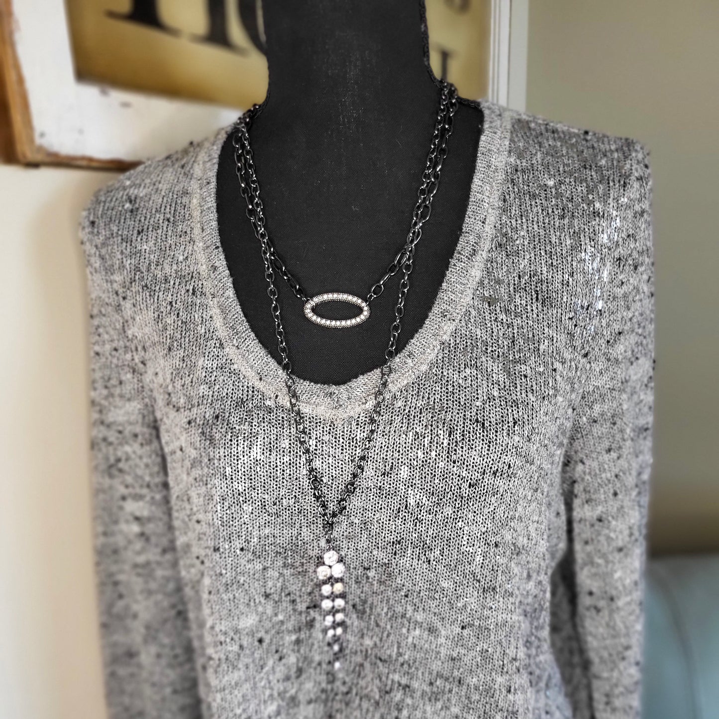 Simple Oval Pendant Necklace, Elegant Pave' Ring, Large Oval Link Chain in Gunmetal Finish, The Urban Disciple, Luxe Hardware, Handmade OOAK