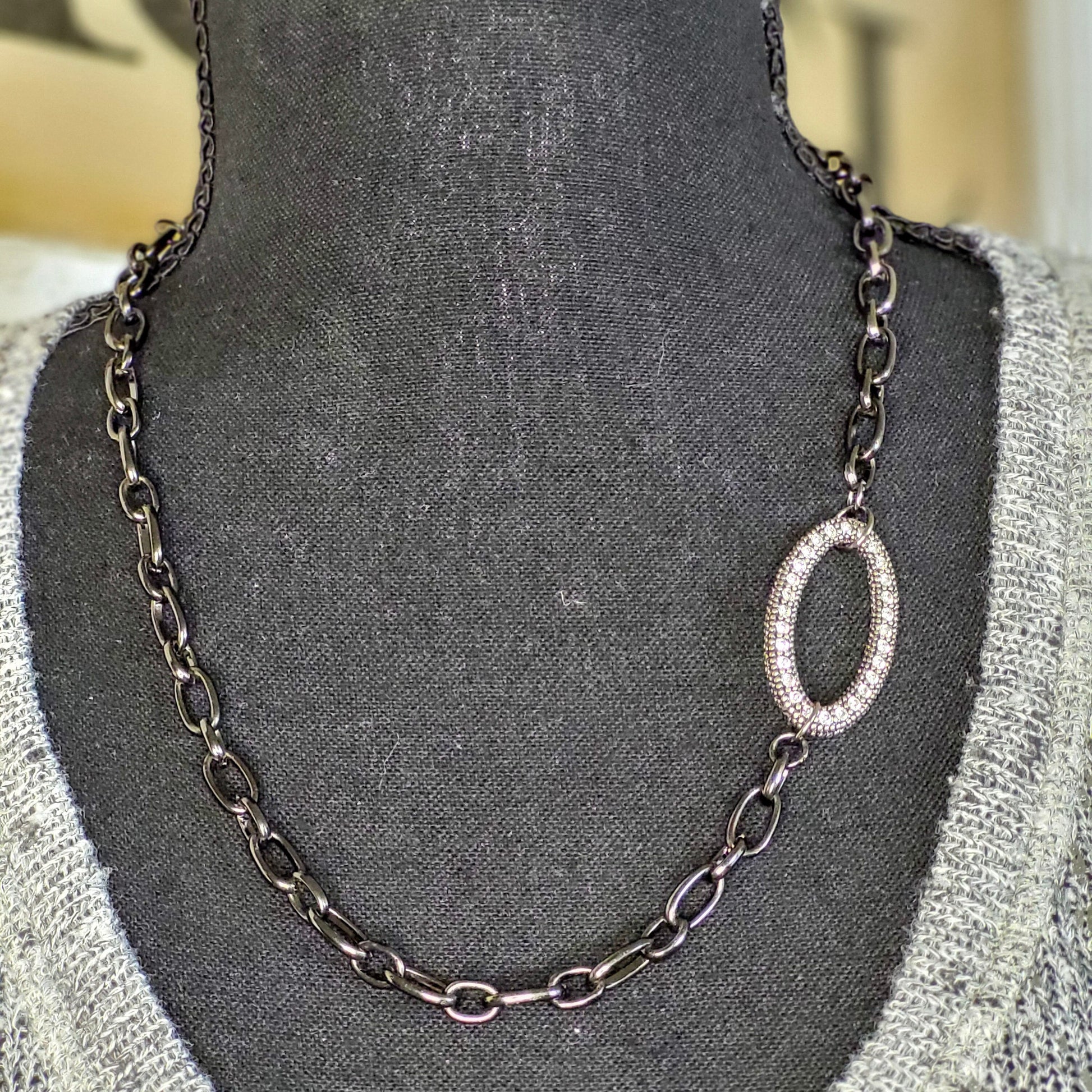 Simple Oval Pendant Necklace, Elegant Pave' Ring, Large Oval Link Chain in Gunmetal Finish, The Urban Disciple, Luxe Hardware, Handmade OOAK