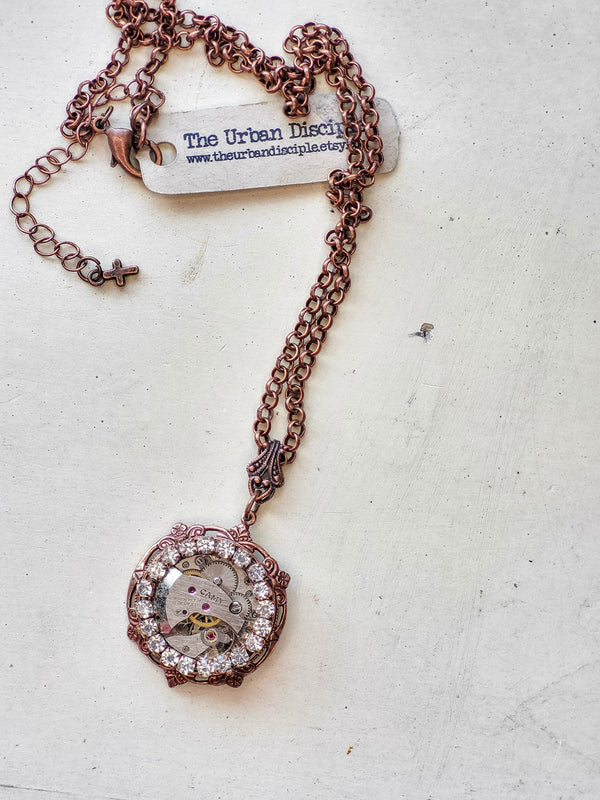 Premium Antique Gearbox Pendant With Rhinestone Embellished Bezel -Victorian Reproduction Jewelry