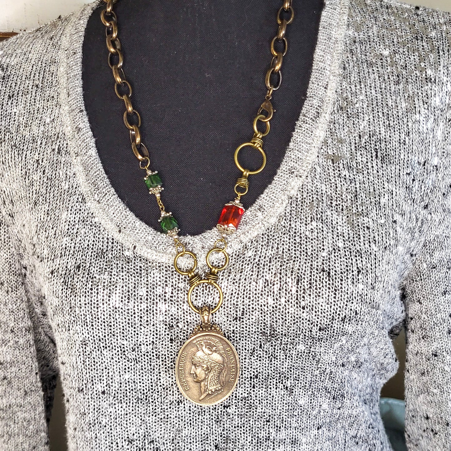 Vintage Coin Necklace, gold statement necklace, large gold coin pendant with beads, chunky necklace, XL coin for jewelry roman coin necklace