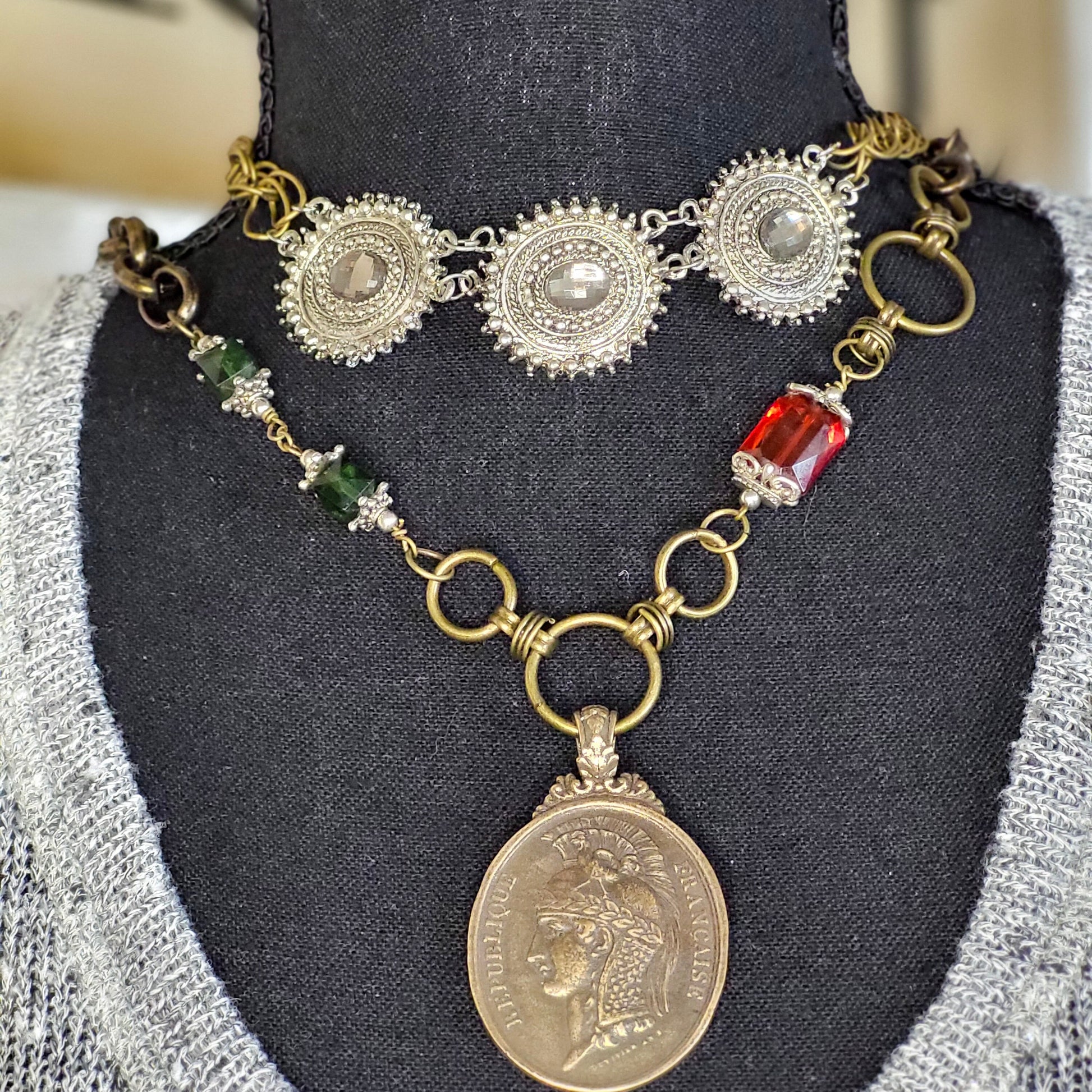 Vintage Coin Necklace, gold statement necklace, large gold coin pendant with beads, chunky necklace, XL coin for jewelry roman coin necklace