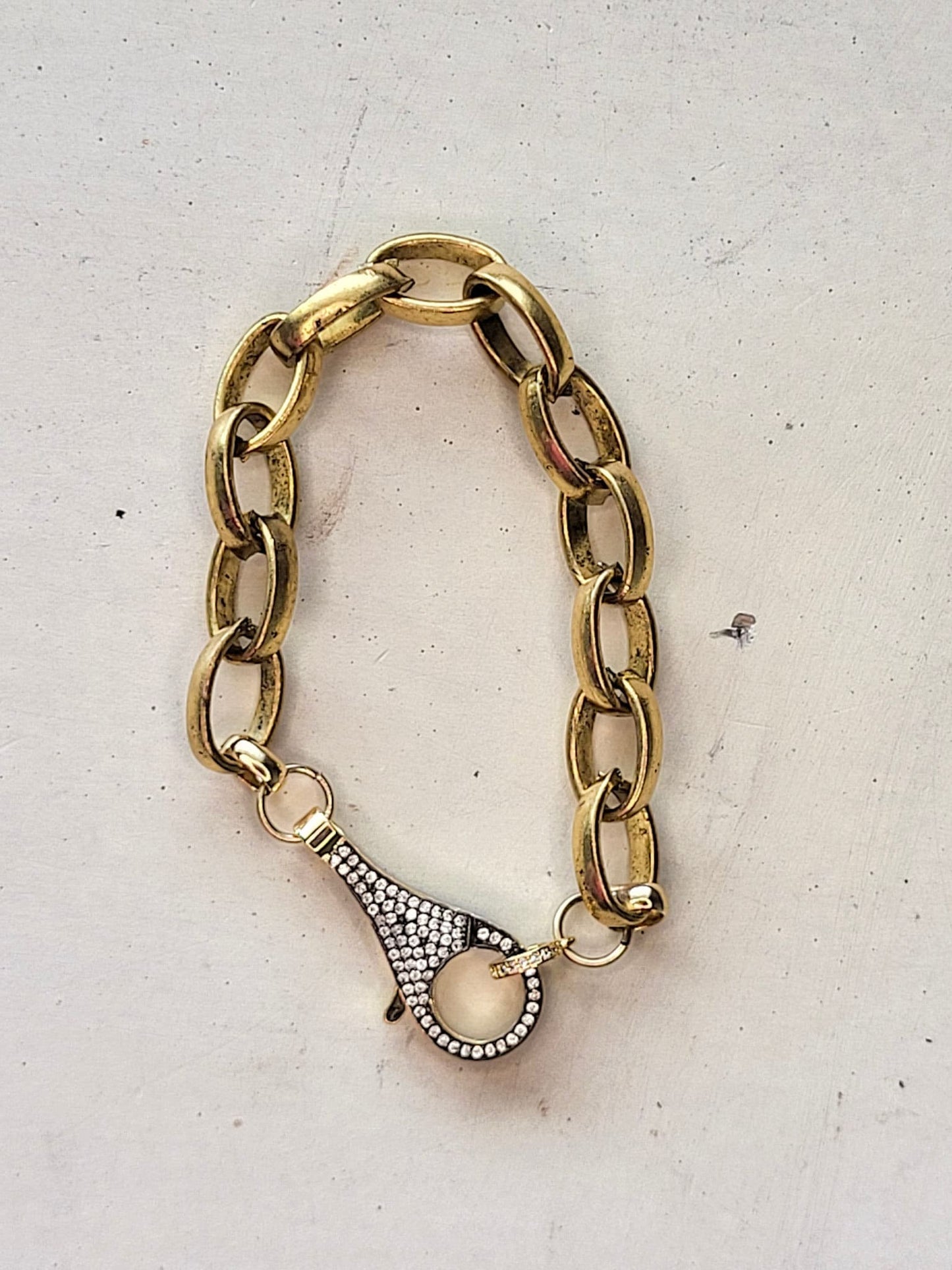 Antique Bronze Chunky Link Bracelet with Extra Large Pave Lobster Clasp - Vintage Inspired Jewelry