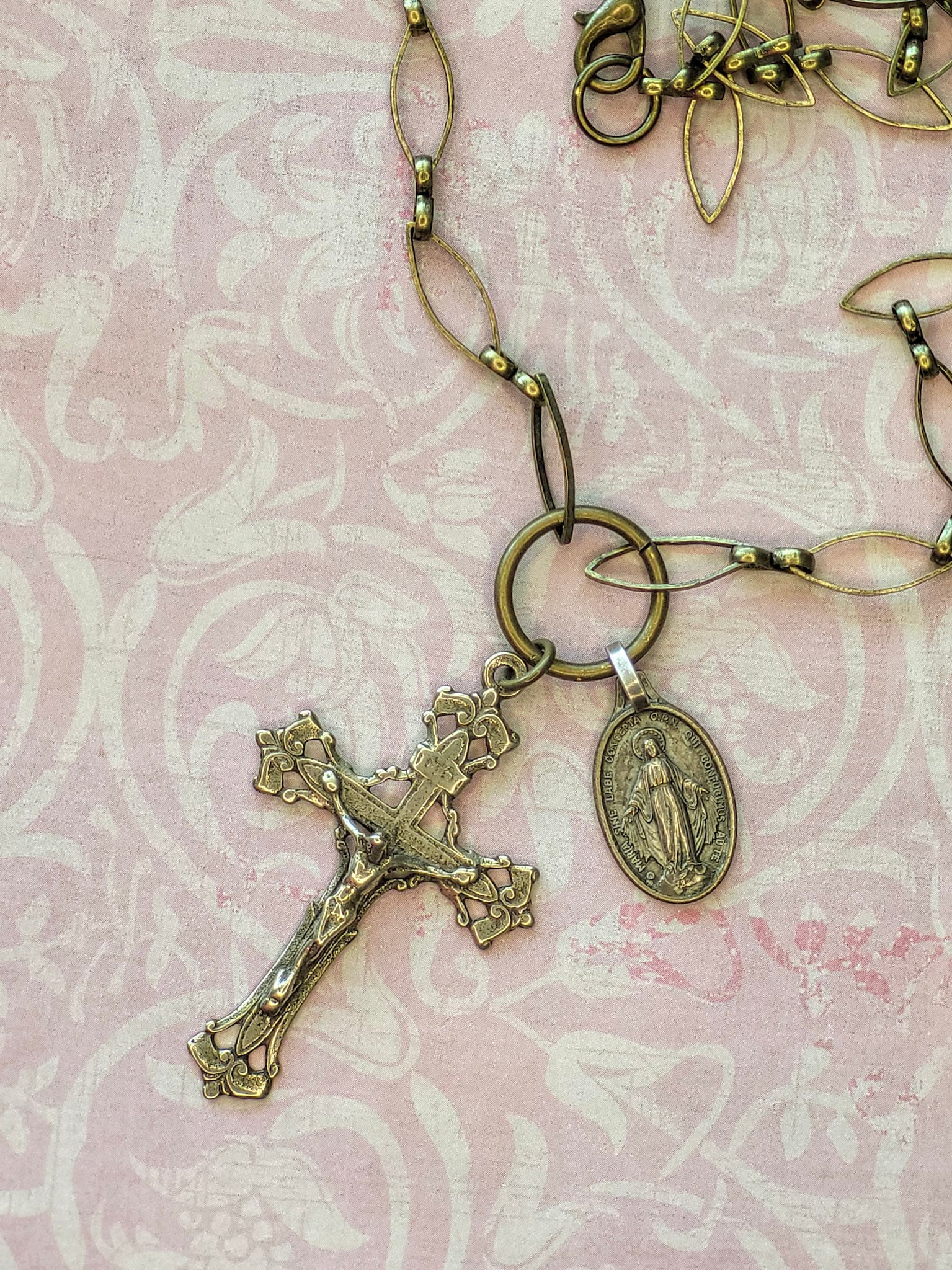 Delicate Designer Chain with Crucifix and Mother Mary Medal in a Stunning Burnished Gold finish