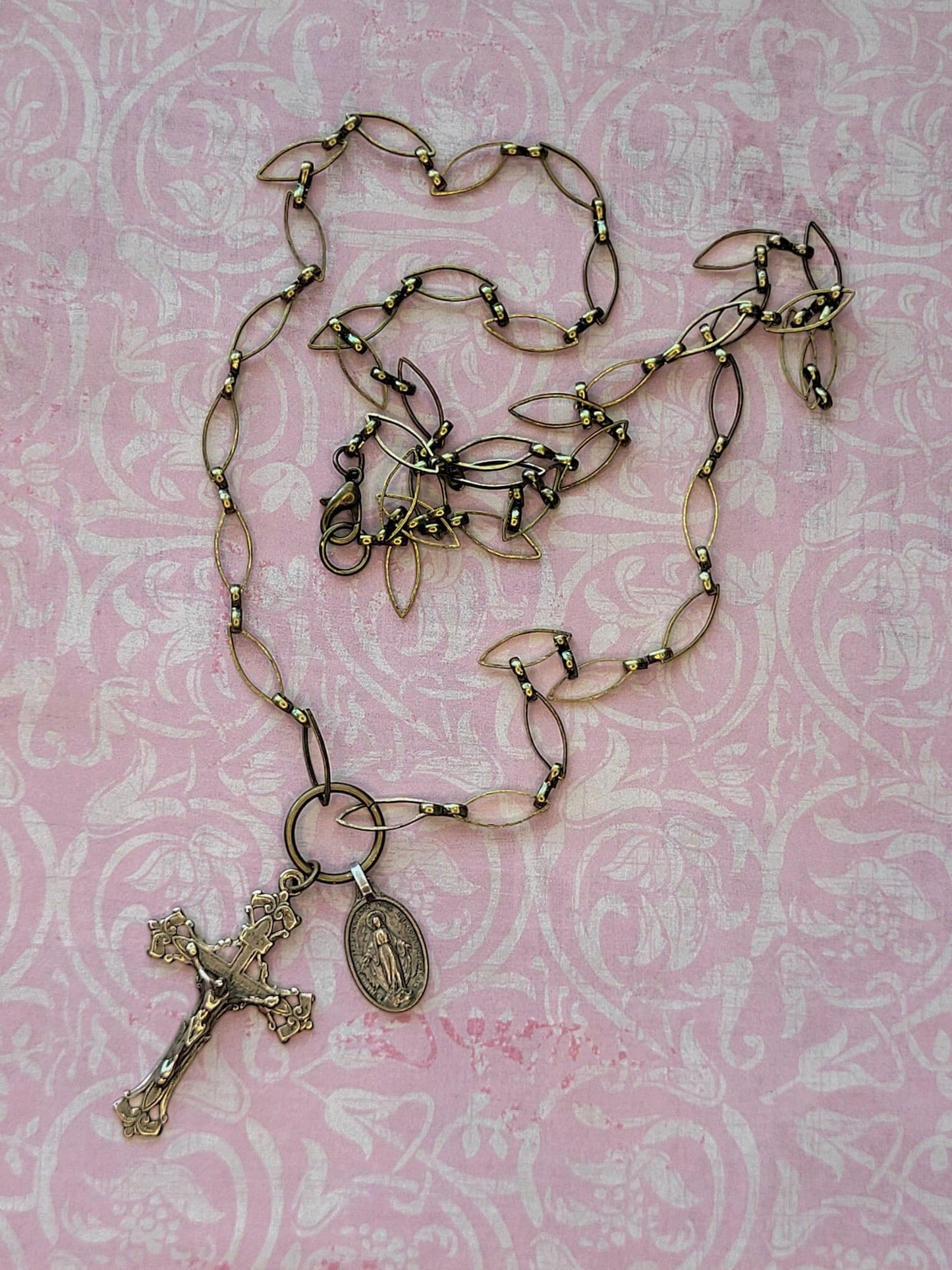 Delicate Designer Chain with Crucifix and Mother Mary Medal in a Stunning Burnished Gold finish