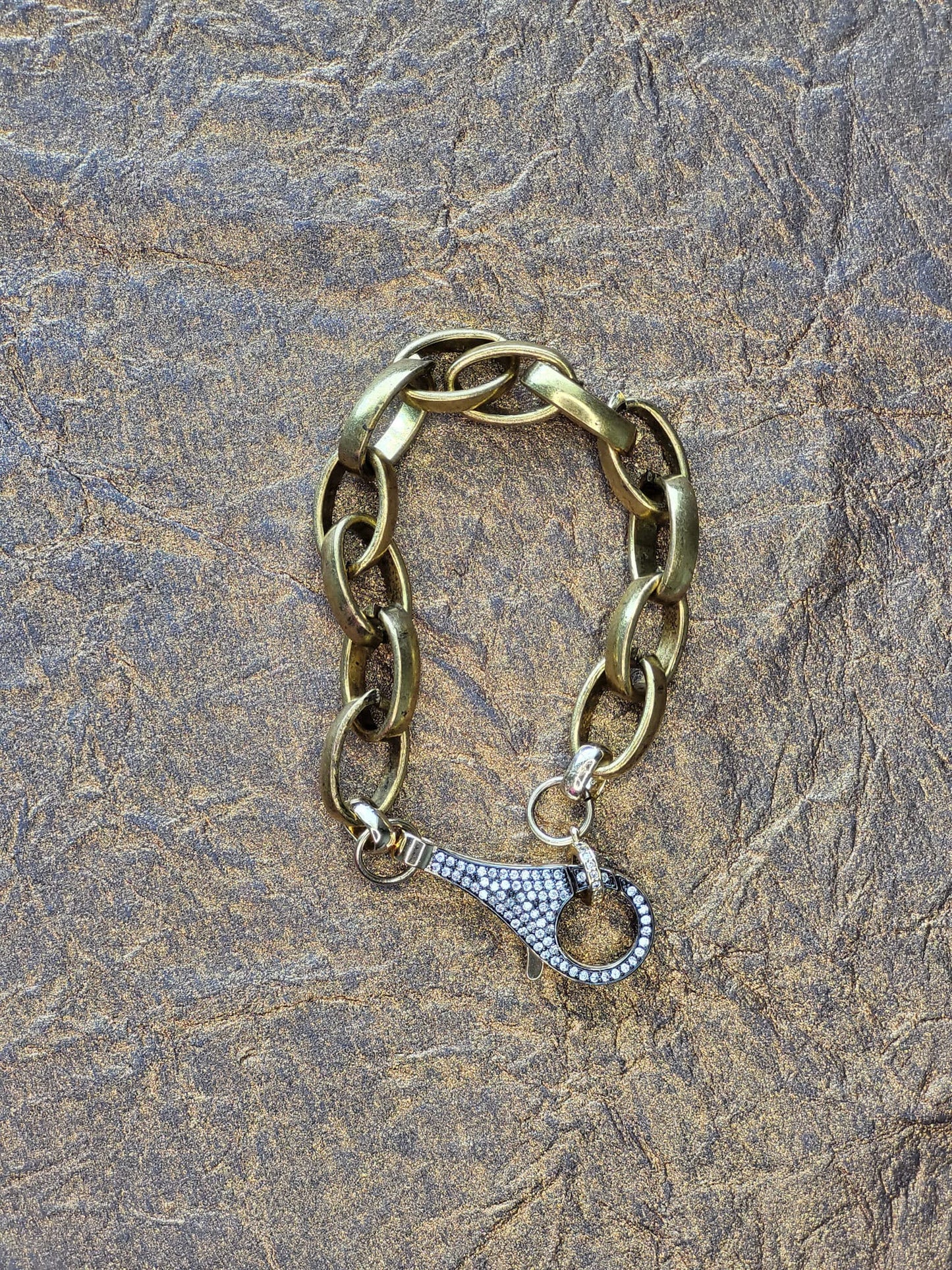 Antique Bronze Chunky Link Bracelet with Extra Large Pave Lobster Clasp - Vintage Inspired Jewelry