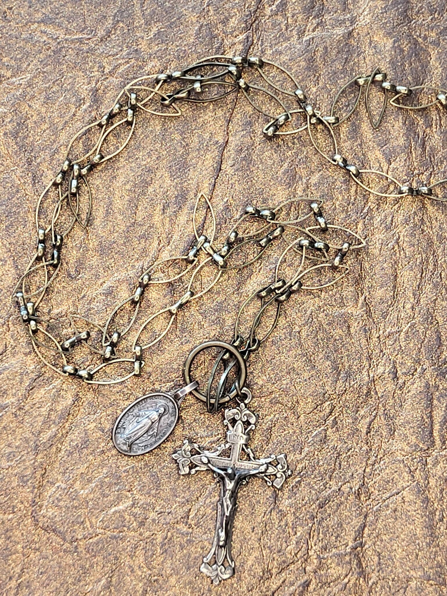 Delicate Designer Chain with Crucifix and Mother Mary Medal in a Stunning Burnished Gold finish