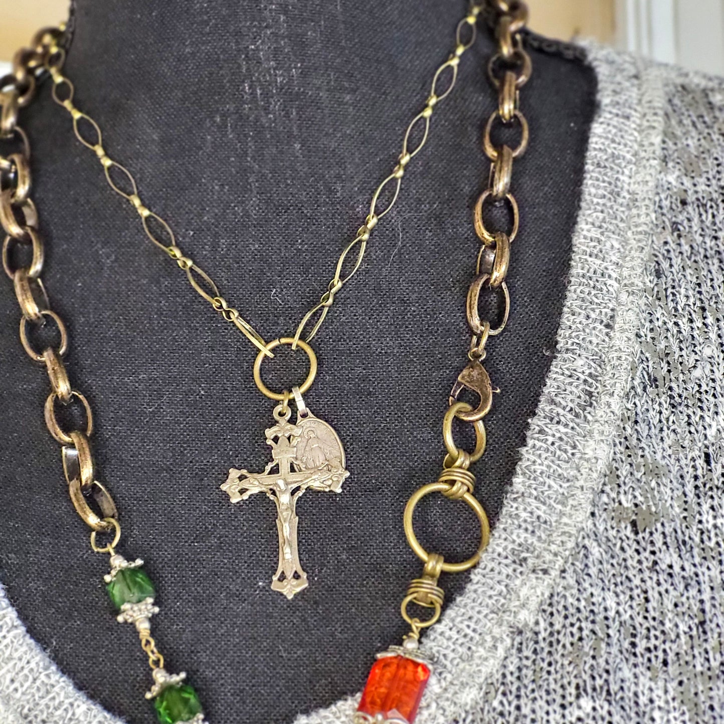 Delicate Designer Chain with Crucifix and Mother Mary Medal in a Stunning Burnished Gold finish