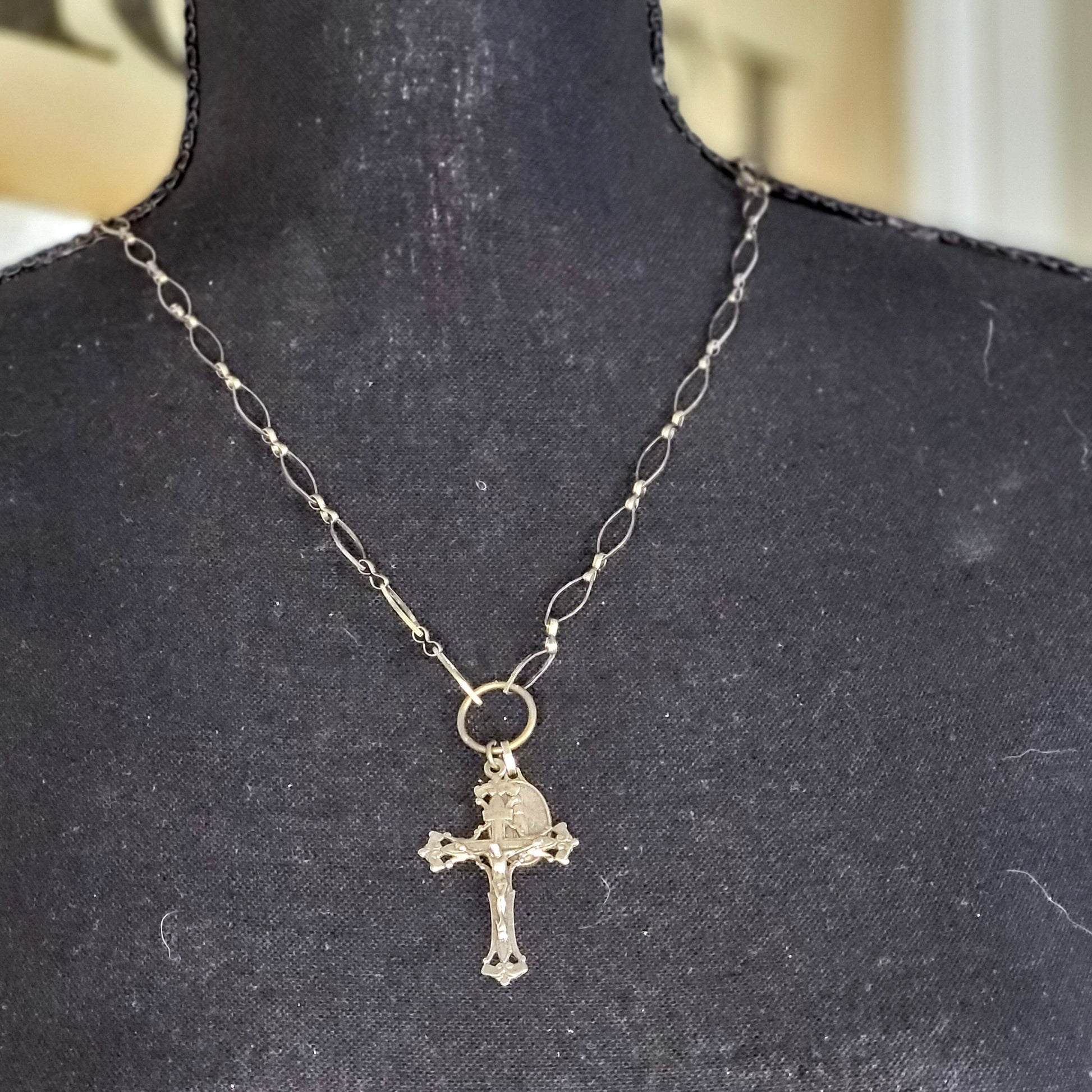 Delicate Designer Chain with Crucifix and Mother Mary Medal in a Stunning Burnished Gold finish