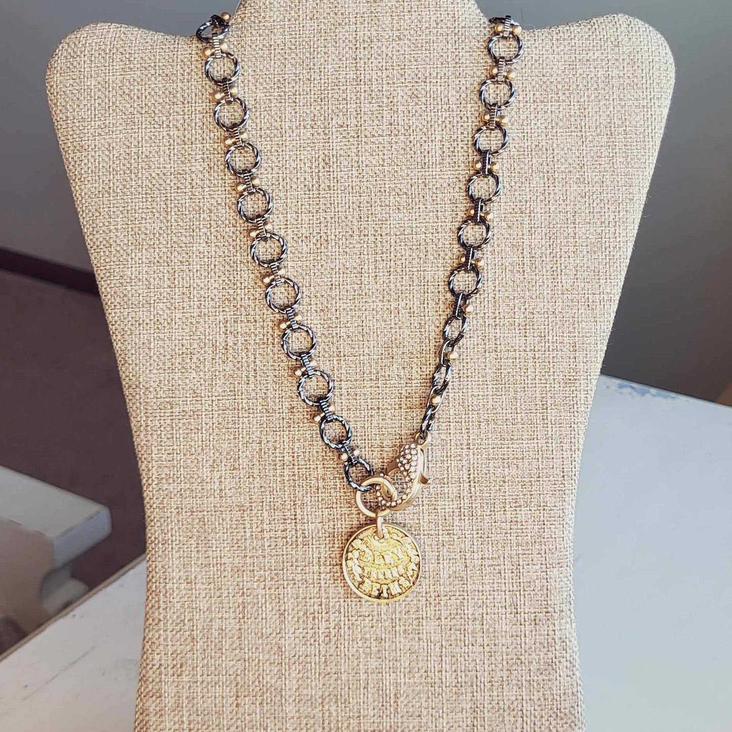 Elegant Handmade Pendant Necklace, French Coin Pendant Necklace with Luxe Mixed Metals & Extra Large Sparkly Rhinestone Lobster Clasp