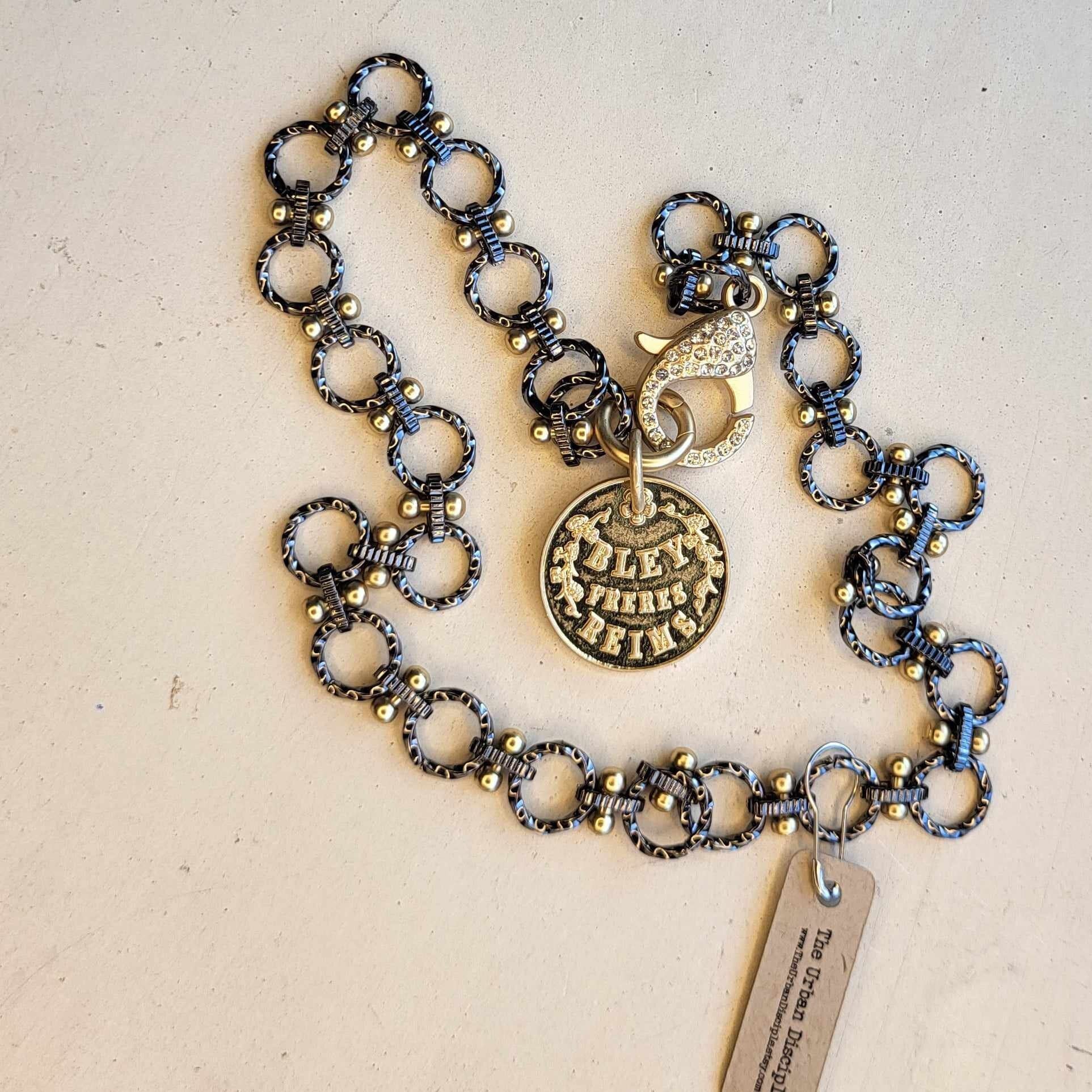 Elegant Handmade Pendant Necklace, French Coin Pendant Necklace with Luxe Mixed Metals & Extra Large Sparkly Rhinestone Lobster Clasp