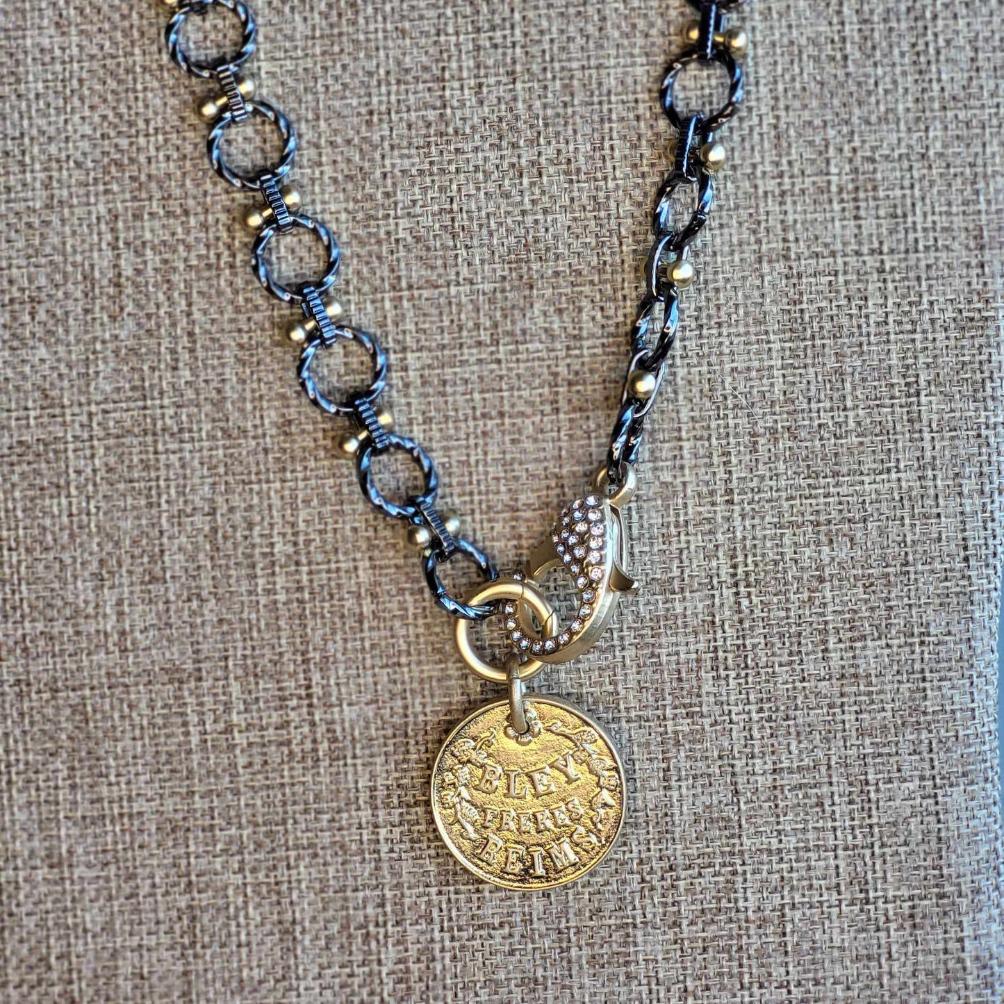 Elegant Handmade Pendant Necklace, French Coin Pendant Necklace with Luxe Mixed Metals & Extra Large Sparkly Rhinestone Lobster Clasp