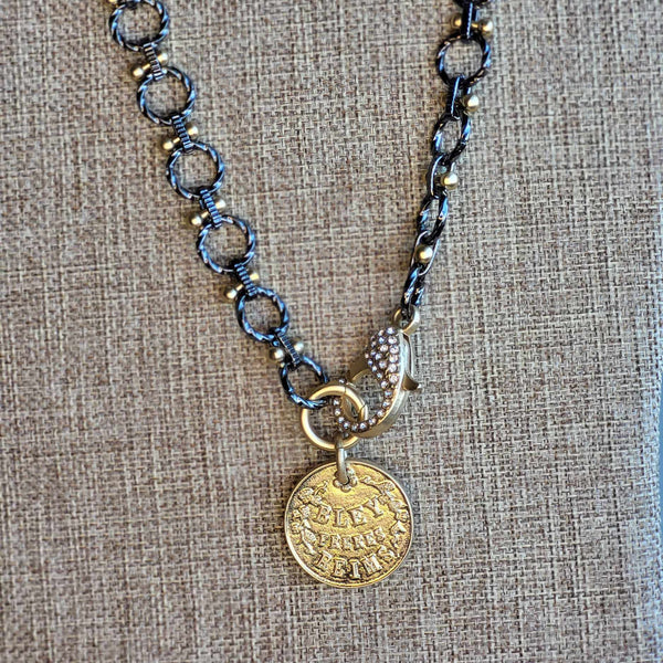 Elegant Handmade Pendant Necklace, French Coin Pendant Necklace with Luxe Mixed Metals & Extra Large Sparkly Rhinestone Lobster Clasp