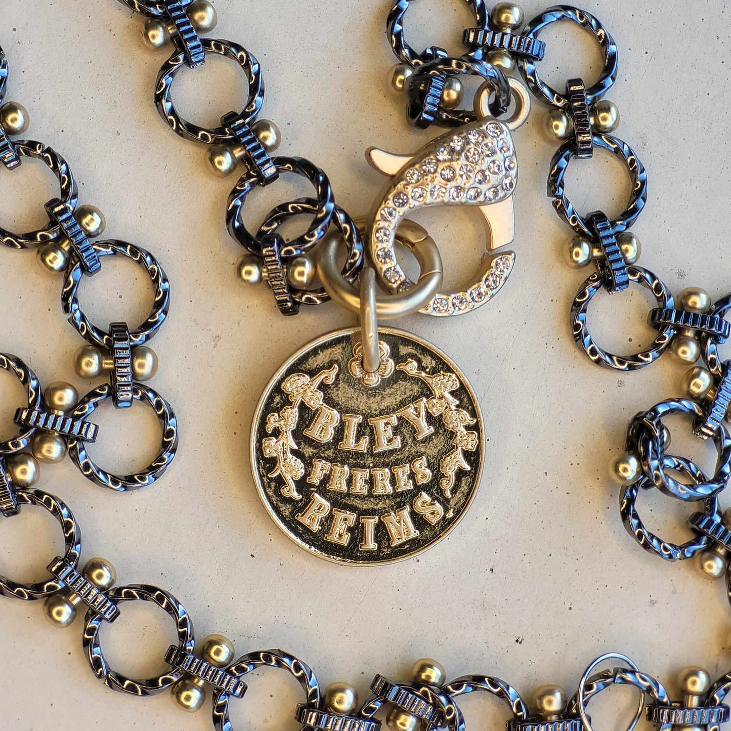 Elegant Handmade Pendant Necklace, French Coin Pendant Necklace with Luxe Mixed Metals & Extra Large Sparkly Rhinestone Lobster Clasp