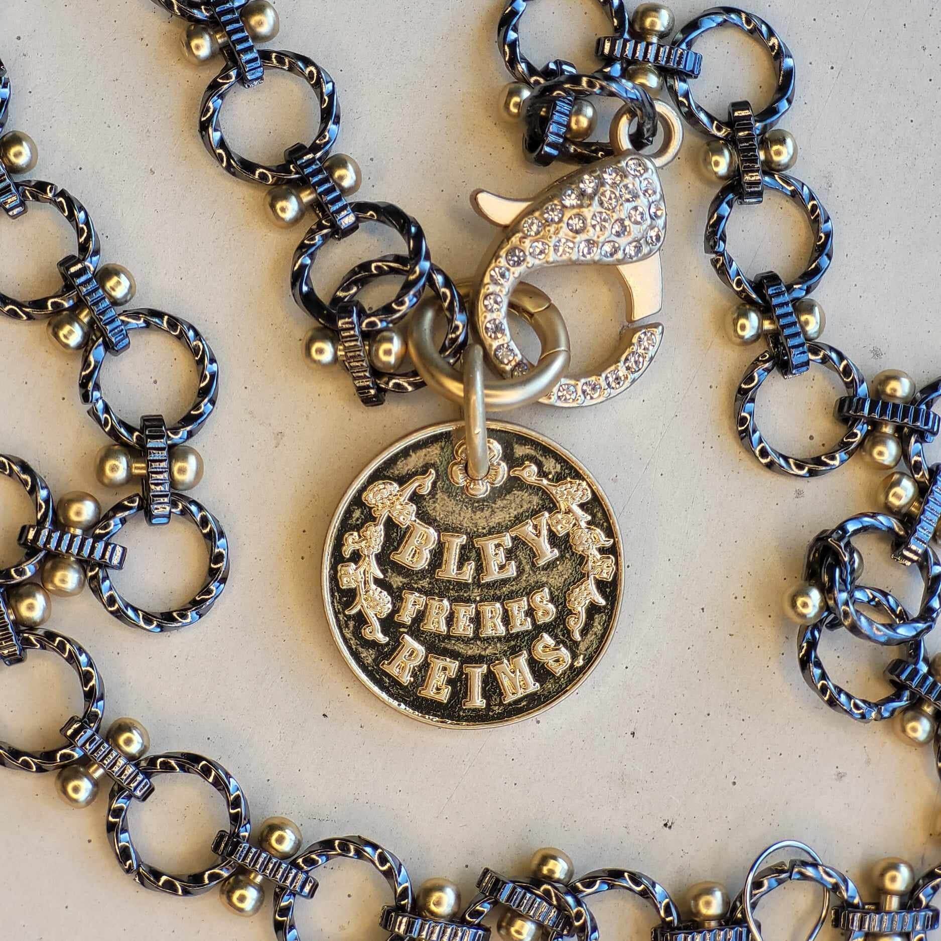 Elegant Handmade Pendant Necklace, French Coin Pendant Necklace with Luxe Mixed Metals & Extra Large Sparkly Rhinestone Lobster Clasp