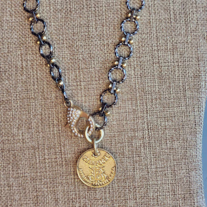 Elegant Handmade Pendant Necklace, French Coin Pendant Necklace with Luxe Mixed Metals & Extra Large Sparkly Rhinestone Lobster Clasp