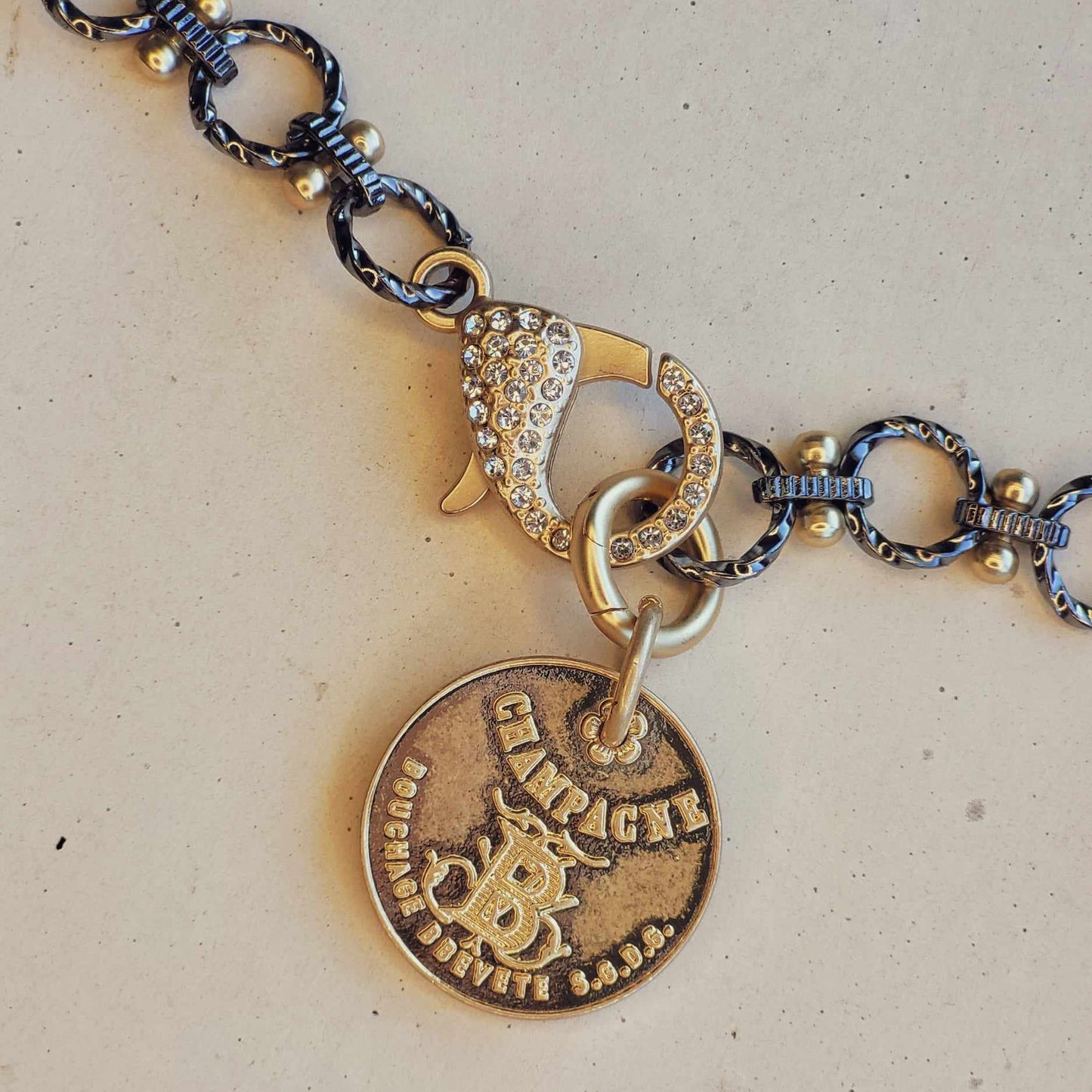 Elegant Handmade Pendant Necklace, French Coin Pendant Necklace with Luxe Mixed Metals & Extra Large Sparkly Rhinestone Lobster Clasp