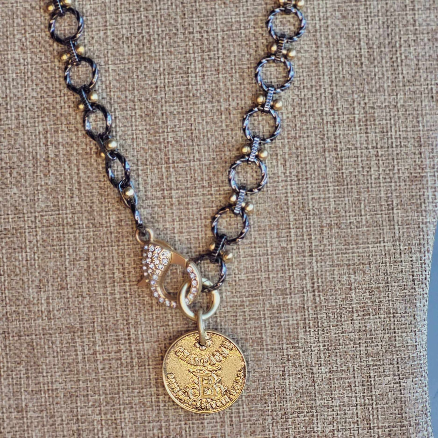 Elegant Handmade Pendant Necklace, French Coin Pendant Necklace with Luxe Mixed Metals & Extra Large Sparkly Rhinestone Lobster Clasp