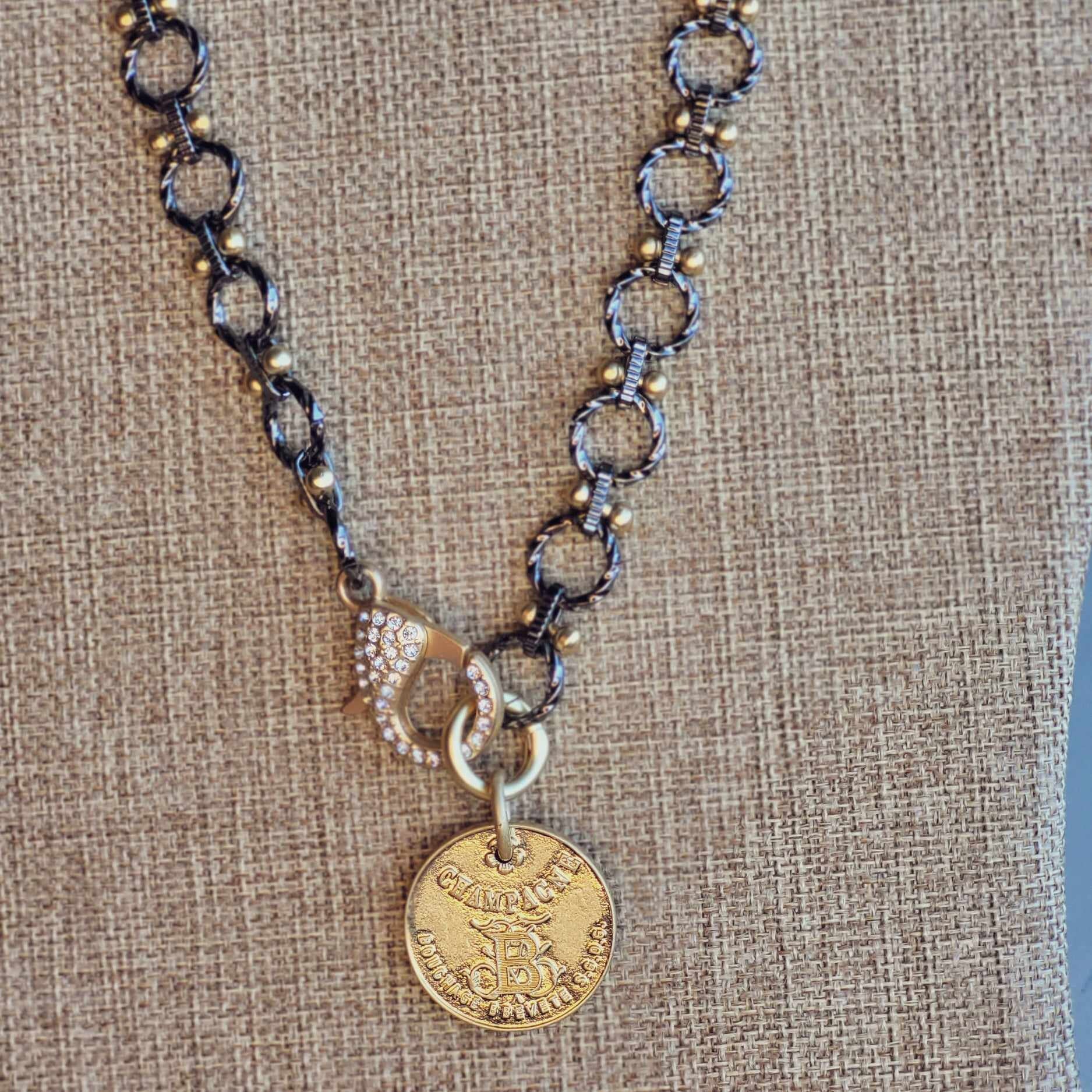 Elegant Handmade Pendant Necklace, French Coin Pendant Necklace with Luxe Mixed Metals & Extra Large Sparkly Rhinestone Lobster Clasp
