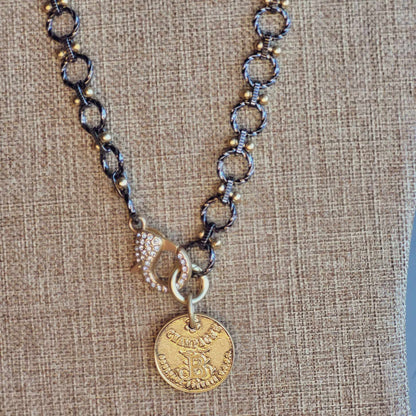 Elegant Handmade Pendant Necklace, French Coin Pendant Necklace with Luxe Mixed Metals & Extra Large Sparkly Rhinestone Lobster Clasp