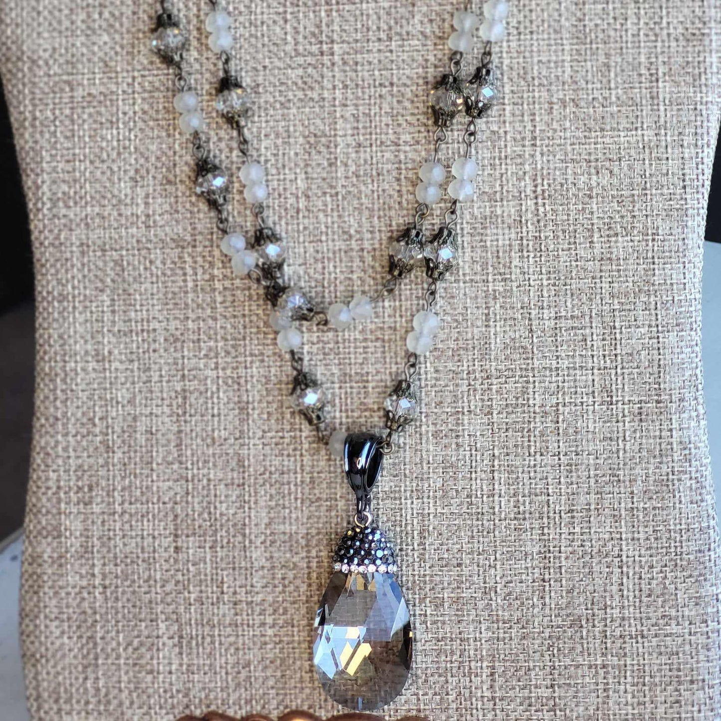 Gorgeous Handcrafted Double Strand Rosary Chain with Smokey Crystal and Sparkling Cubic Zirconia Pendant