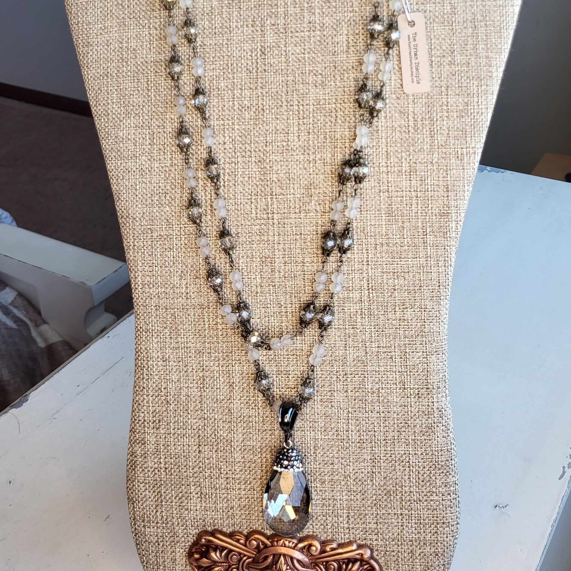 Gorgeous Handcrafted Double Strand Rosary Chain with Smokey Crystal and Sparkling Cubic Zirconia Pendant