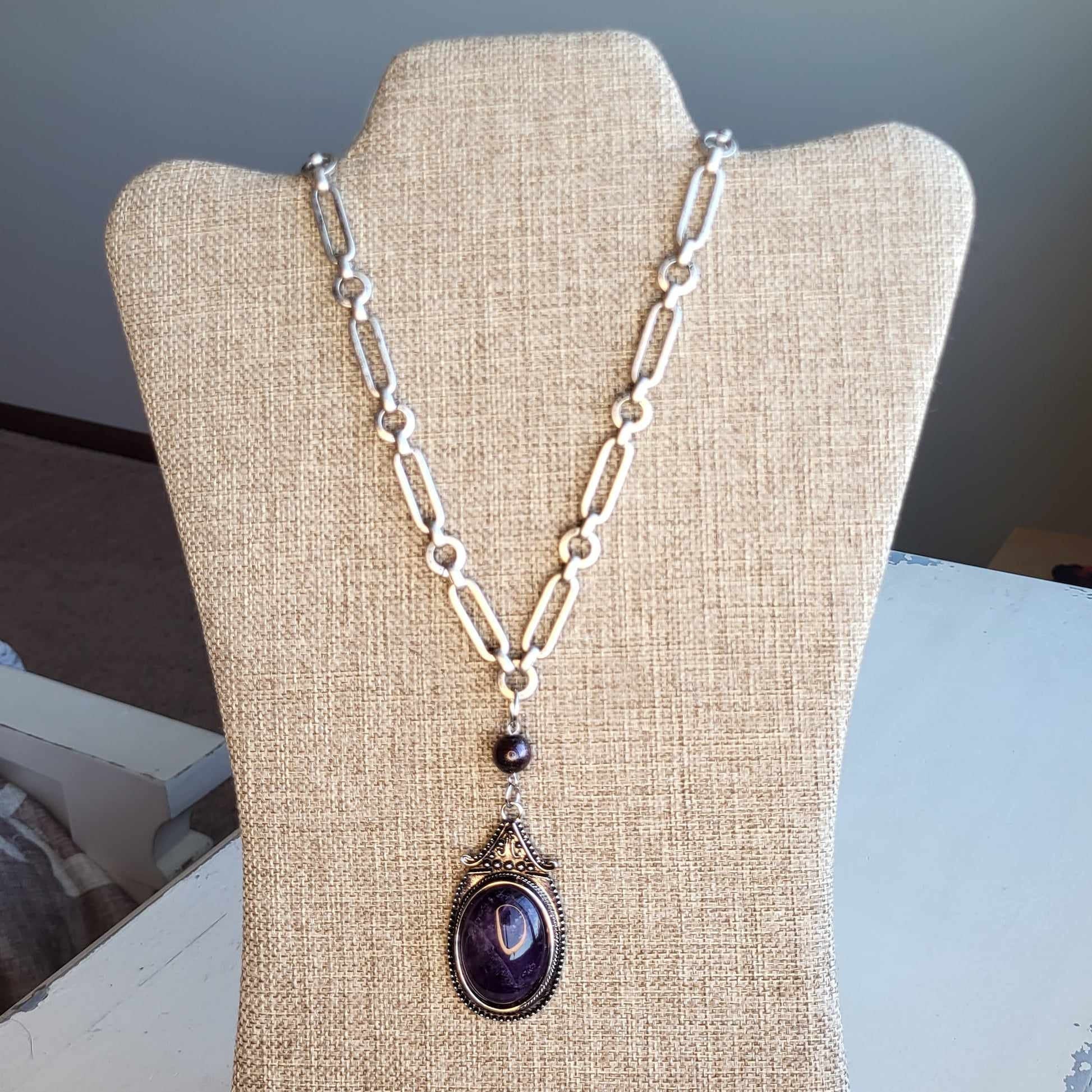 Large Amethyst Pendant, long handmade necklace in Silver finished setting and oval link chunky chain, Handcrafted Statement Necklace