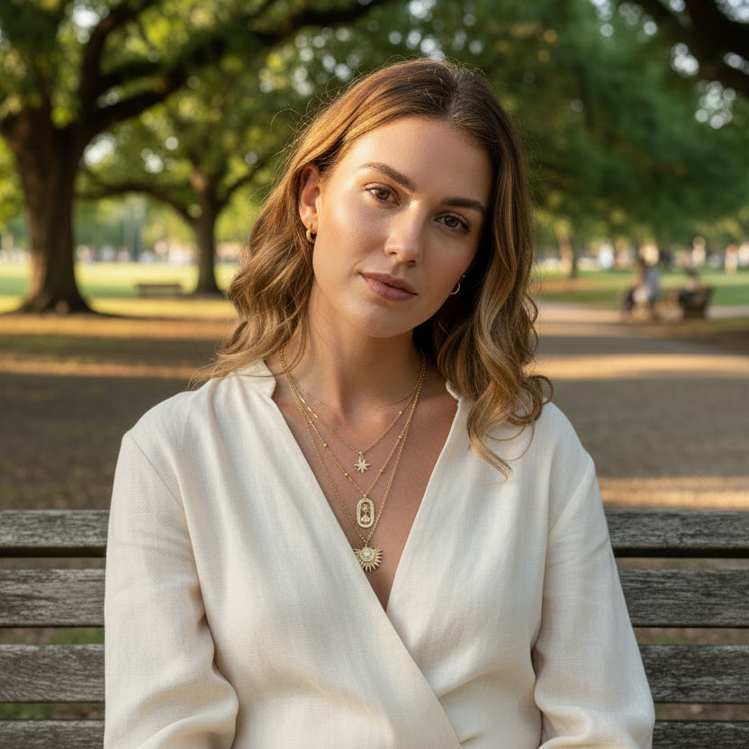 Unique Three-in-One gold Necklace Featuring Opal Starburt & Evil Eye Pendants