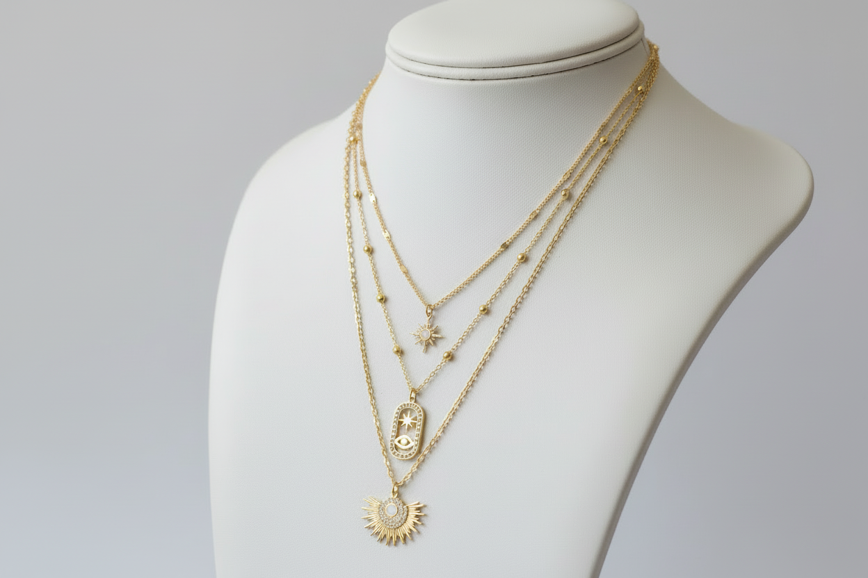 Stacked Necklace Featuring Opal Starbursts & Evil Eye Pendants
