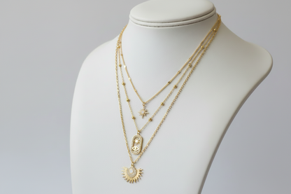 Stacked Necklace Featuring Opal Starbursts & Evil Eye Pendants